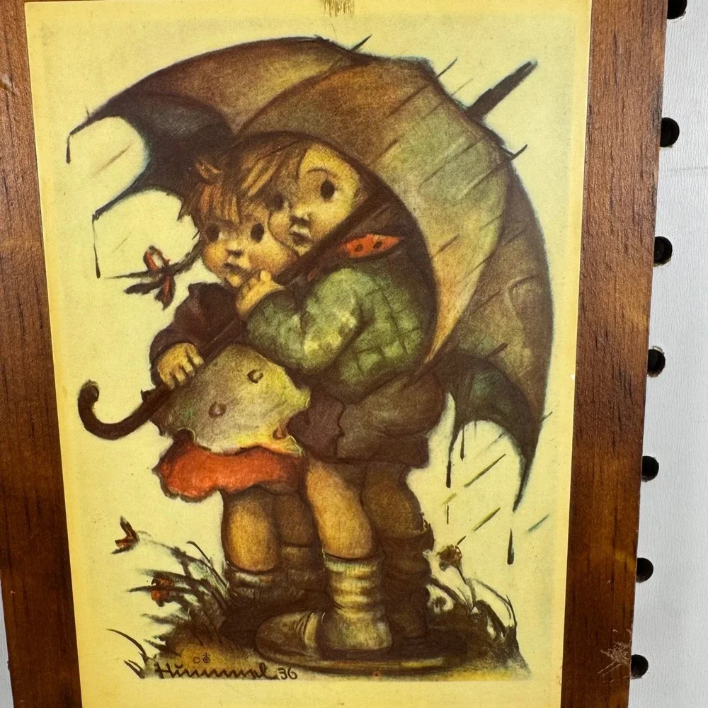 Vintage Hummel Wood Wall Plaques Pair Umbrella Boy and Girl Art Prints Goebel
